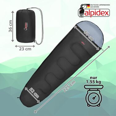 Сплячий мішок Alpidex 4 сезони, 225x80 см, -17°C, 400 GSM, ультралегкий, для кемпінгу, трекінгу, подорожей, чорний (правосторонній)