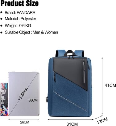 Рюкзак для ноутбука FANDARE: чоловічий/жіночий, для роботи, подорожей, навчання. USB-порт, багатокольоровий, для бізнесу, роботи, відпочинку, активного відпочинку