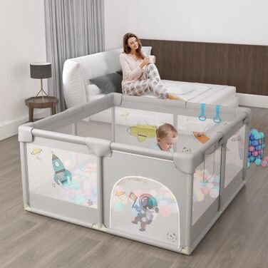 UISEBRT Baby Playpen 127x127cm Playard for Baby with 50 Ocean Balls & 4 Pull Rings & Carry Bag, Foldable Playpen Tent with Breathable Mesh for Kids, Blue with Animal Motifs 127x127x68cm Blue with Animal Motifs