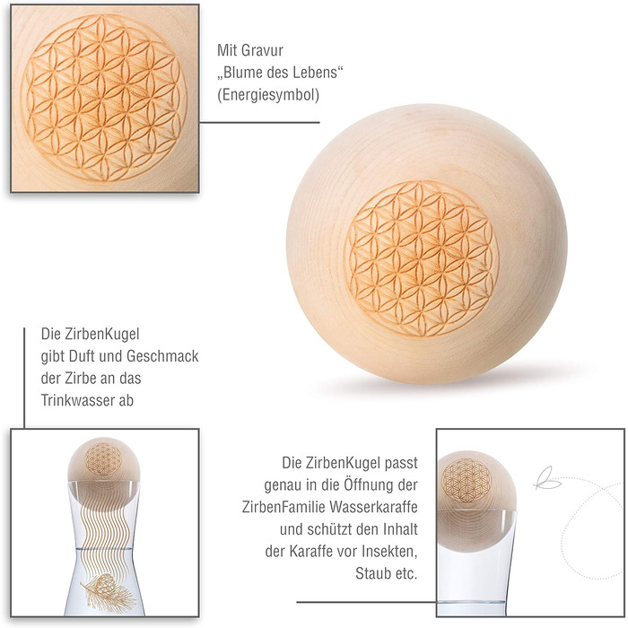 Zirben Familie® The Original ZirbenKugel Set Water Carafe | Imparts a special touch to your water | 1 Liter SPIEGELAU carafe made of crystal glass with a Swiss stone pine wood lid | Flower of Life Edition