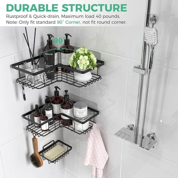 Дзеркальна поличка для душу без свердління, 2 шт. Органайзер для ванної кімнати з 8 гачками, швидковисихаюча поличка для душу, велика місткість, міцна підставка для шампуню (Чорний). 2 шт. Дзеркальна поличка для душу прямокутна (3 шт. куткова поличка для 