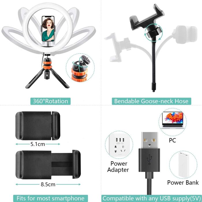 LED кільцева лампа з штативом для телефону 26 см (10 дюймів) - 3 режими світла, 11 рівнів яскравості, регульована, для селфі, макіяжу, стрімінгу