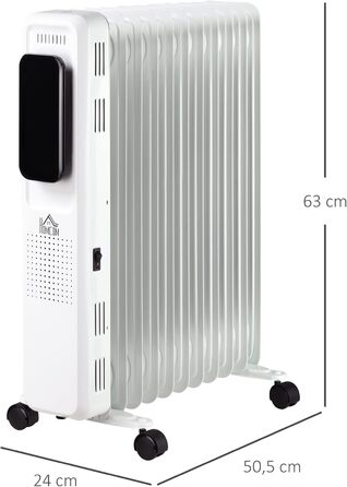 HOMCOM Портативний масляний радіатор з електронагрівом, 2500W, 3 режими, таймер, 11 секцій, білий, сталь, 50.5 x 24 x 63 см