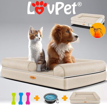 Orthopedic Dog Bed, Dog Cushion, Dog Basket, Relax, Incl. Bowl + 3x Chew Bones, Dog Sofa for Small, Medium & Large Dogs, Removable and Washable Cover, 91x71x22cm (XL (120 x 85 x 25 cm), Beige)