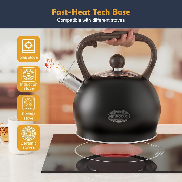 Чайник-свисток Teekessel Pfeifende Teekanne для плити, 2.64 л, нержавіюча сталь, ручка з дерев'яним декором, чорний