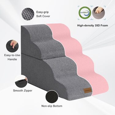 Trhillsbrad Dog Stairs, 5 Steps for Small Dogs, High-Density Foam Pet Stairs, Washable Cover and Non-Slip Bottom (Foldable Dog Stairs, 4 Steps)