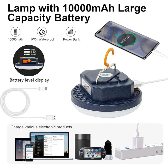 LED Camping Lamp 2000 Lumens Camping Lantern with 9900mAh Power Bank Rechargeable Tent Light, Searchlight Camp Light with Hook Emergency Light for Power Outages, Hiking, Camping, Emergency