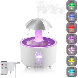 Зволожувач повітря Justup у вигляді парасольки, з LED-підсвіткою 7 кольорів, аромадифузор для ефірних олій, 300 мл, з пультом ДК, білий