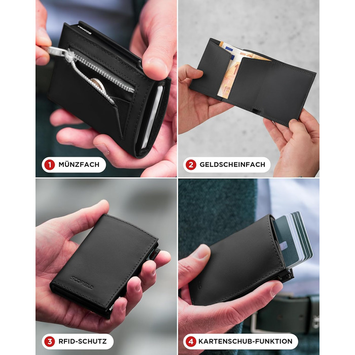 SF SCOFIELD Duality Magflip: Чоловіче карткове портмоне з RFID захистом та відділенням для монет. Slim Wallet для 9-10 карток. Матовий чорний магнітний замок.