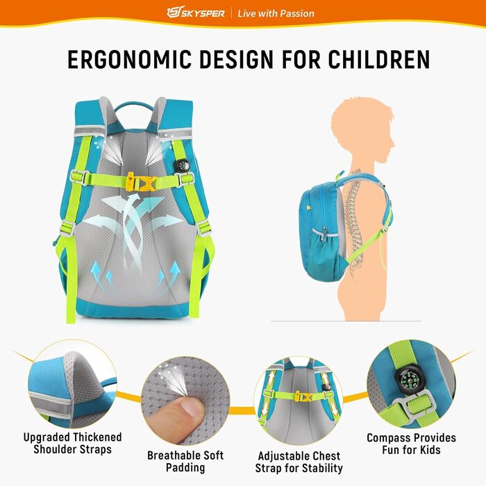 Дитячий рюкзак SKYSPER 10L для хлопчиків та дівчаток, зручний туристичний рюкзак для подорожей, Cyan