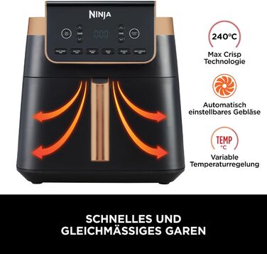 Ninja Air Fryer MAX PRO, 6.2 L, Oil-Free, Large Drawer, Roasting, Baking, Air Fry, Non-Stick Coated, Dishwasher-Safe Basket & Crisper Grate Insert, Silicone Tongs, Black/Copper, AF180EUCP Single 6.2L Copper/Black