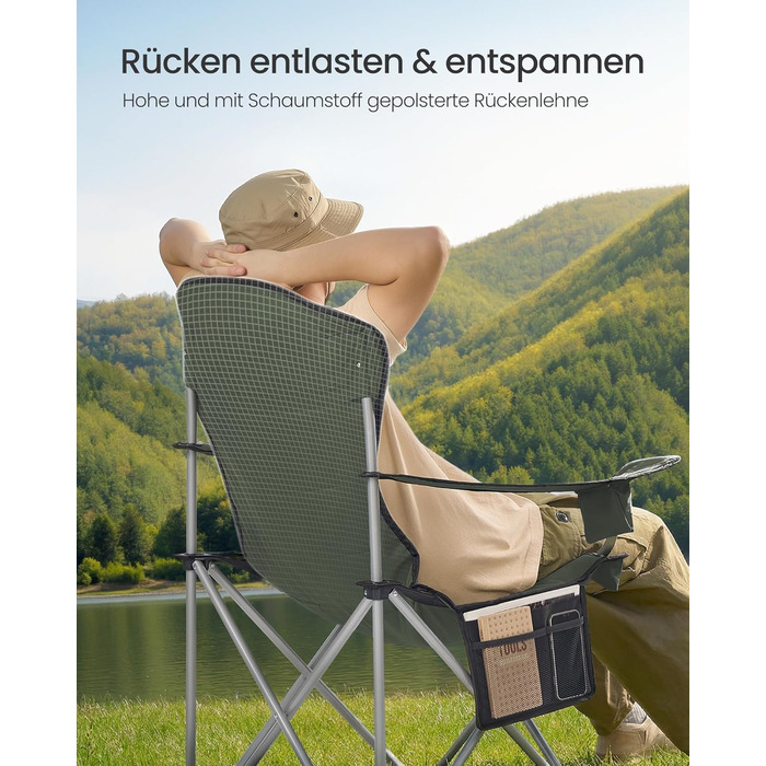 Кемпінговий стілець SONGMICS складаний, зелено-сірий, з підсклянником, тримачем для телефону та органайзером GCB005BH0