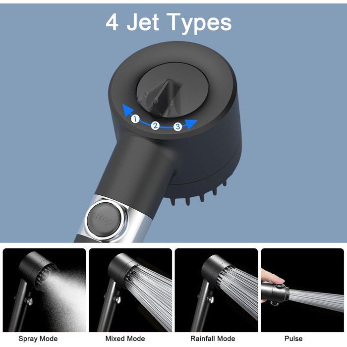 Фільтрована душова лійка з високим тиском, ручна, з шлангом, 4 режими, економія води, стоп-функція, для жорсткої води, видаляє хлор та бактерії (DY-001, чорний)