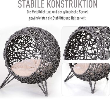 PawHut Rattan Cat House with Cushion, Cat Sleeping Place, Cat Cave with Raised Feet, Natural Ø52 x 58 cm (Silver Grey)