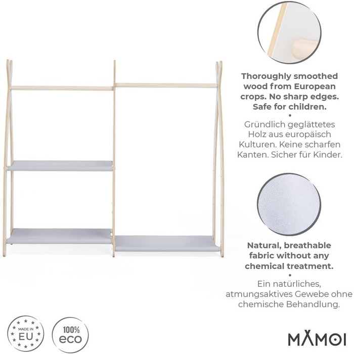 Дитяча вішалка для одягу MAMOI® для дитячої кімнати | Вішалка для дитячого одягу 106x95x32 / 53x95x32 см | Екологічна | Зроблено в ЄС