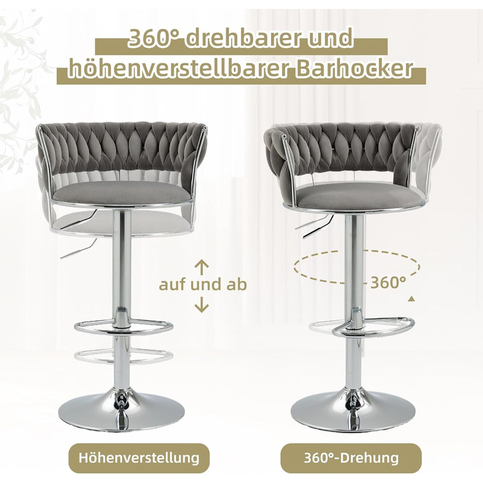 Adjustable Velvet Bar Stools 2-Pack with Backrest & Armrests - Ergonomic Swivel Bar Stools with Handwoven Velvet & Gold Legs for Kitchen Island, Bar, Restaurant - Includes Footrest (Silver, Grey)