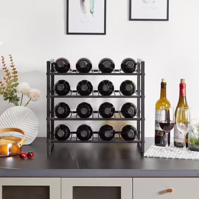 IBUYKE Wine Rack Metal, Freestanding Wine Rack Storage, 4-Tier 16 Bottle Rack, For Bar Counter, Restaurant, Kitchen, Table Rack Wine Holder, Black TMJ903H Metal 16 Bottles