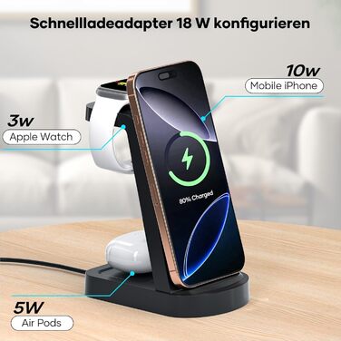 Бездротова зарядка 3-в-1 з адаптером 18W, сумісна з iPhone 16/15/14/13/12 Pro/Pro Max, Apple Watch, AirPods Pro (Чорний)