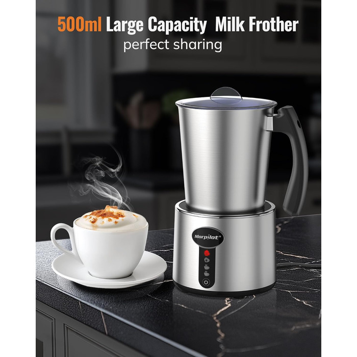Електричний піноутворювач для молока Morpilot, 500 мл, 650 Вт, нержавіюча сталь, миється в посудомийній машині, для гарячого та холодного молока, шоколаду, антипригарне покриття