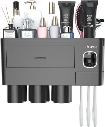 IHave Toothbrush Holder for Bathroom Storage, 3 Cup Toothbrush Holder Wall Mounted with Automatic Toothpaste Dispenser, Large Capacity Toothbrush Holder Bathroom Accessories Black