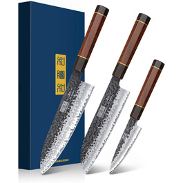 Японський ніж Kiritsuke HOSHANHO 23 см, професійний кухонний ніж з 9 шарів вуглецевої сталі, ніж шеф-кухаря, універсальний ніж у подарунковій коробці (набір ножів 3 шт.)