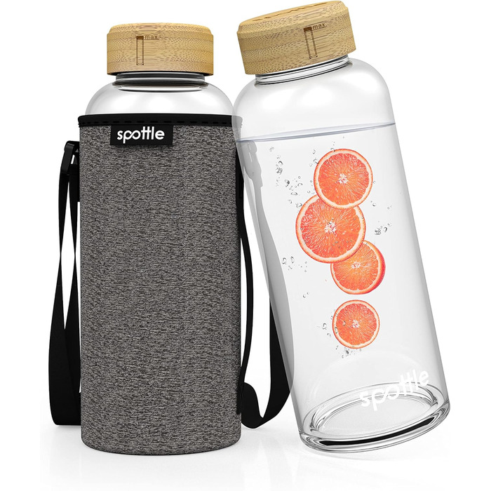 Glass Bottle 1.5 liter - Drinking Bottle Glass 1.5 l with Bamboo Lid - Glass bottle - Water bottle - Glass drinking bottle suitable for carbonated drinks - dishwasher safe - Wide mouth (Black Melange)