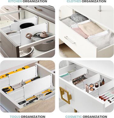 RAPTUROUS Adjustable Drawer Dividers, 8 inches high, expandable 13–22 inches, 6 pack, non-slip, for deep drawers in kitchen, bedroom, and closet (white)