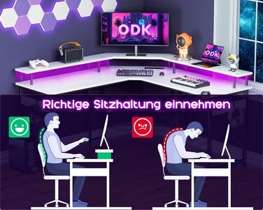 Ігровий стіл ODK з LED-підсвіткою, 2 розетками та 2 USB, кутовий білий комп'ютерний стіл з підставкою для монітора 129x129 см для геймінгу та домашнього офісу