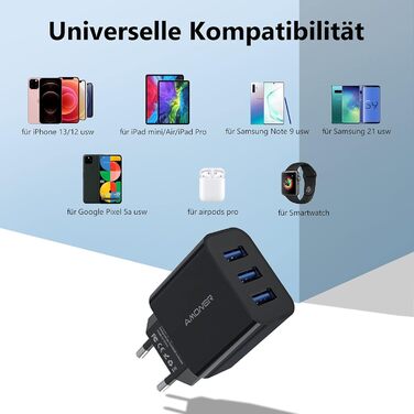 Мережевий адаптер Amoner USB 3-портовий 15W, 2 шт. для iPhone 14/13/12/11/X/8 та інших пристроїв, чорний