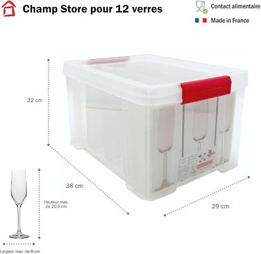SUNDIS Glass Store, 27L Storage Box with Snap-On Lid, with 24 Compartments for Storing Stemware, Transparent Plastic, Reinforced, Stackable (Champagne Glasses)