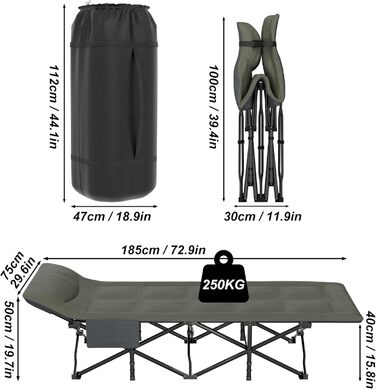 Розкладне ліжко-крісло для кемпінгу 185x75 см з матрацом, подушкою та кишенею, до 250 кг, для відпочинку на природі, саду та риболовлі