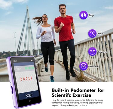 MP3 плеєр дитячий 64GB Bluetooth 5.3 з радіо, радіоприймач, MP4 плеєр, дитячий музичний плеєр з touch screen, розширюється до 128GB, фіолетовий