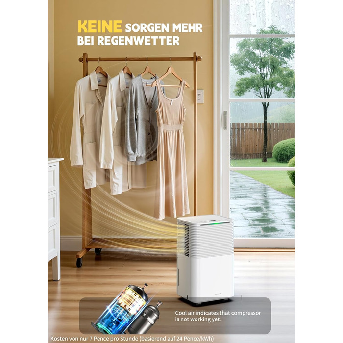 Електричний осушувач повітря 12л/день, сенсорне управління, дисплей, таймер, для дому та сушіння білизни, білий
