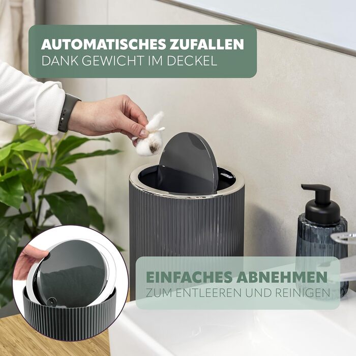 Bremermann Cosmetics Container GAVELLO with Swing Lid // Bath Bucket with Grooved Decoration, Plastic 5.5 Liters (Grey)