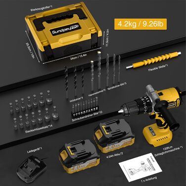 Акумуляторний дриль-шурупокрут SundpeyPRO 21V з ударною функцією, 120 Nm, 2 x 4000mAh, 20+3 ступені крутного моменту, 13 мм патрон, 2 швидкості, LED