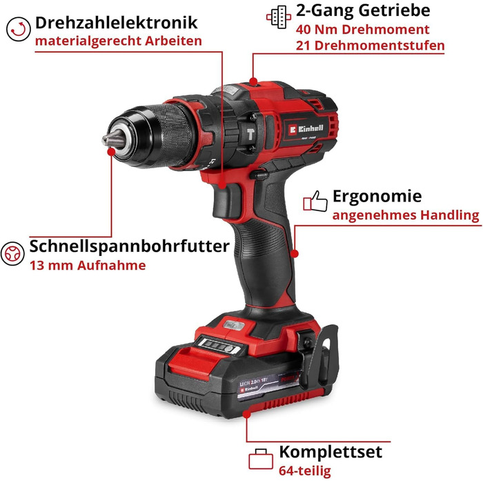 Акумуляторний ударний дриль-шуруповерт Einhell TE-CD 18/40 Li-i +64 (18 В, 40 Нм, 13 мм патрон, 2 швидкості, комплект з акумулятором, зарядним пристроєм та аксесуарами) Power X-Change