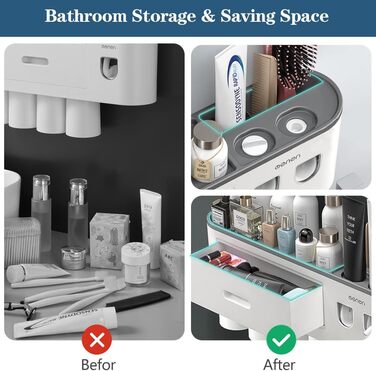 Automatic Toothpaste Dispenser, DENSAIL Toothbrush Holder Wall Mount with Dustproof Cover and 2 Toothpaste Dispensers, 2 Electric Toothbrush Holders, and 4 Toothbrush Organizer Slots (2 Dispensers + 2 Cups)