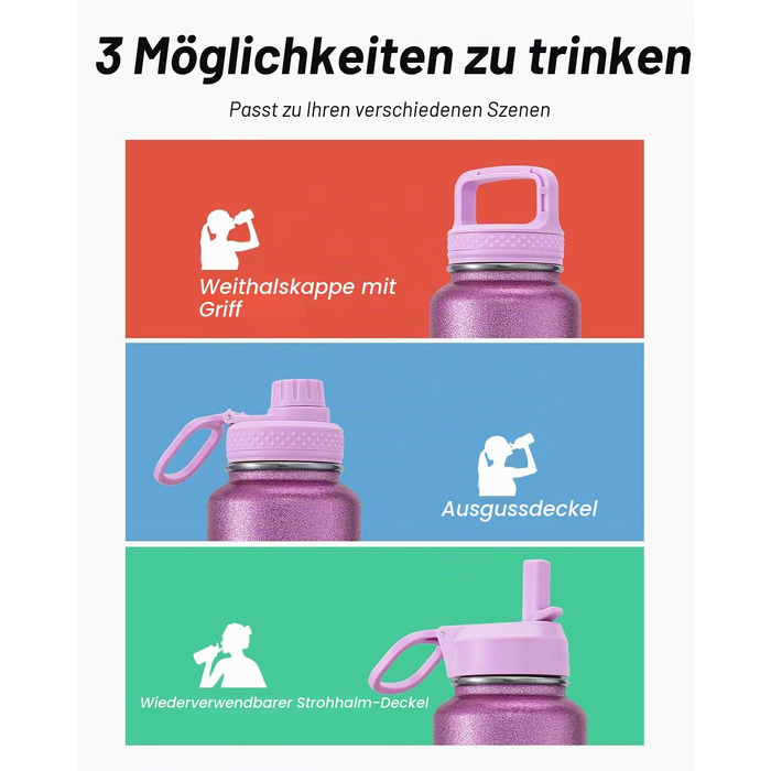 Термофляга Coolflask 946 мл з трубою та 3 кришками, вакуумна пляшка для води з нержавіючої сталі для спорту та подорожей, Glitter Pink