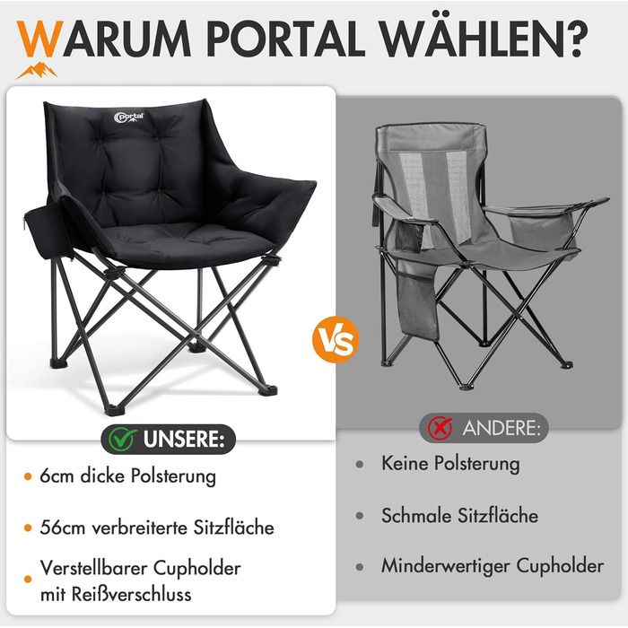 Крісло для кемпінгу складне, XXL, чорне, 150 кг, з підлокітниками, м'яке, для відпочинку на природі