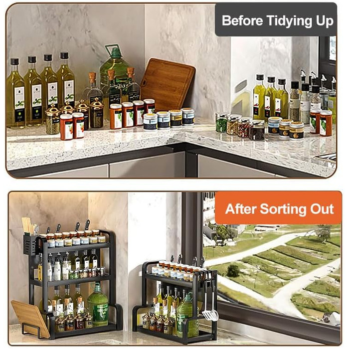 Стійка для спецій Devesanter на 2 яруси, велика місткість, з контейнерами, органайзер для кухні, з підставкою для дощок, з гачками, чорний