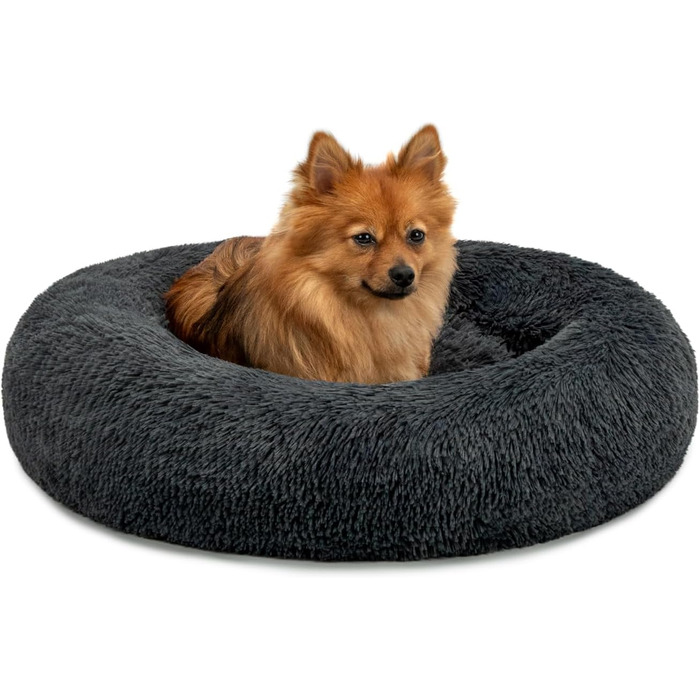 Кругле ліжко для собак та котів Lionto, Ø 60 см, м'яке, плюшеве, темно-сіре, 60x60x20 см