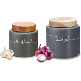 Набір контейнерів для зберігання KHG для кухні сірого кольору антрацит з дерев'яними кришками, керамічні контейнери для продуктів, з маркуванням, набір органайзерів для кухні, без пластику та світлонепроникні (набір для цибулі та часнику)