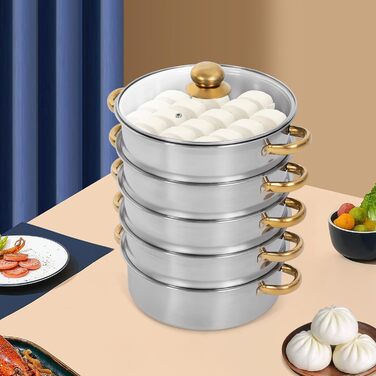 Багатоярусний паровар з нержавіючої сталі 5 ярусів з кришкою з скла, 26/28/30 см. Підходить для газових, індукційних та електричних плит.