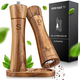 Набір млинів для солі та перцю Premium Holz Pfeffermühle 2 шт. з акації з підставкою, керамічний механізм