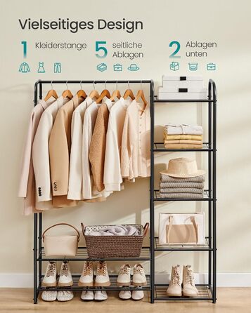 SONGMICS Clothes Rack, Open Closet, Clothes Rail, Coat Rack with Shelves, Metal Wardrobe, Freestanding, Matte Black LGR462B01