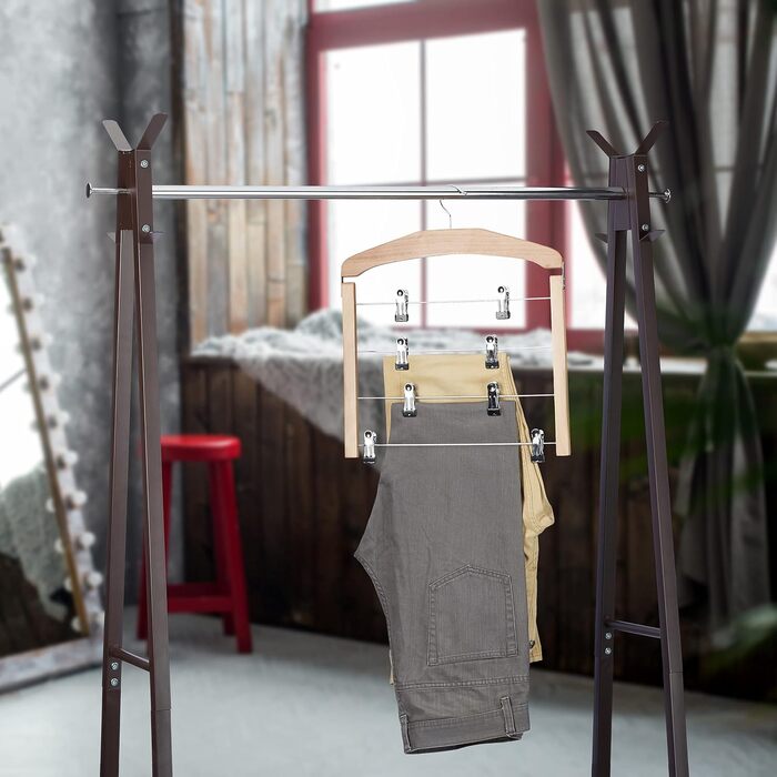 Relaxdays 10 x Rockbügel multi-clamp, trouser hanger wood, 360° rotatable hook, clothes hanger non-slip, HBT 45,5x39x2,5cm, Silver/Natural
