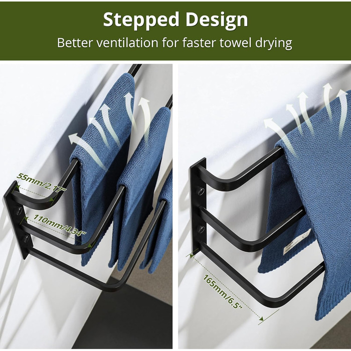 Тримач для рушників SAYAYO, чорний, 64 см, 3 стійки, для ванної кімнати та кухні