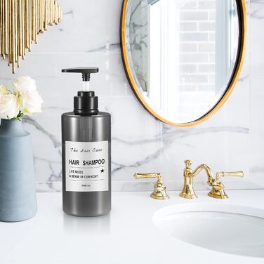 4 шт. Наповнювані порожні флакони для шампуню, 500 мл, флакони-дозатори для мила, пластикові флакони з помпою, дозатори для лосьйонів, рідкого мила, шампуню, кондиціонера, гелю для душу, наклейки (прозорий/чорний, плоский наконечник)