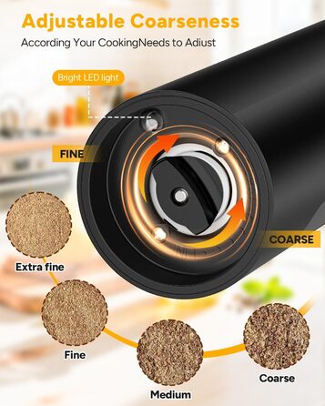 Електричні соляні та перечні млини, верхнє завантаження, 5-рівневе регулювання помелу, об'єм 120мл, набір 2 шт. з підсвічуванням LED
