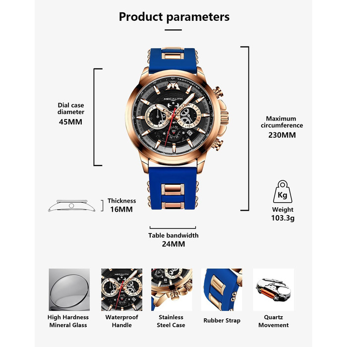 Чоловічий годинник MEGALITH Chronograph: аналоговий, водонепроникний, з датою, свідодіодом, кварцовий годинник. Ідеальний подарунок для спортивних чоловіків (B2-блакитний)